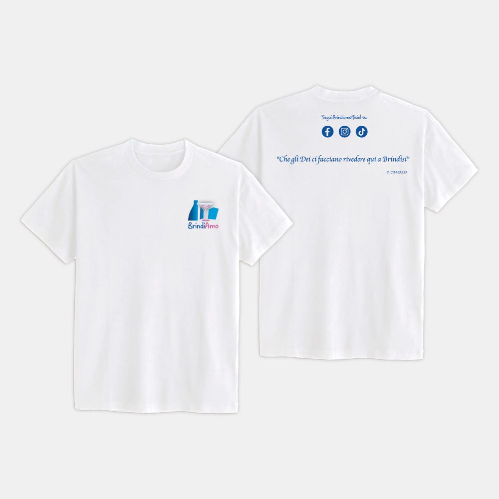 T-shirt bianca con stampa lato cuore logo Brindiamo e stampa sulla schiena